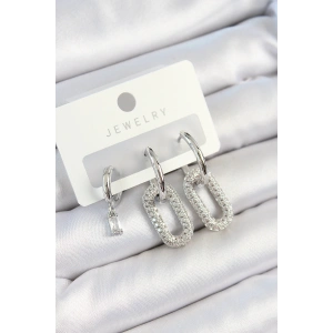 Erb Pirinç Zirkon Taşlı Dikdörtgen Model Gümüş Renk 3'lü Çift Kadın Küpe Set