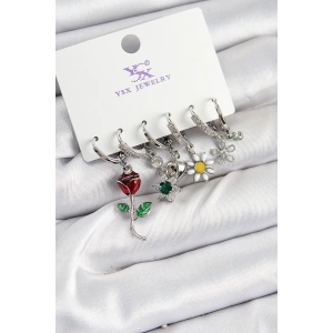 Erb Pirinç Zİrkon Taşlı Gül Ve Papatya Model Gümüş Renk 3'lü Çift Kadın Küpe