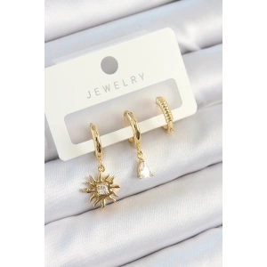 Erb Pirinç Zirkon Taşlı Güneş Model Gold Renk 3'lü Çift Kadın Küpe Set