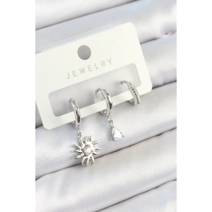 Erb Pirinç Zirkon Taşlı Güneş Model Gümüş Renk 3'lü Çift Kadın Küpe Set