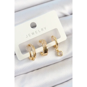 Erb Pirinç Zirkon Taşlı Halka Model Gold Renk 3'lü Çift Kadın Küpe Set
