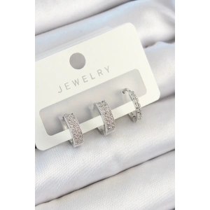 Erb Pirinç Zirkon Taşlı Halka Model Gümüş Renk 3'lü Çift Kadın Küpe Set