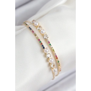 Erb Pirinç Zirkon Taşlı İnci Model Gold Renk Kadın Bileklik