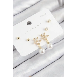 Erb Pirinç Zirkon Taşlı İnci Sallantılı Çiçek Model Gümüş Renk 925 Ayar Gümüş Çivi Kadın Küpe Set