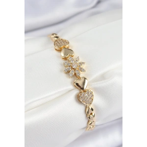 Erb Pirinç Zirkon Taşlı Kalp Detaylı Çiçek Model Gold Renk Kadın Bileklik