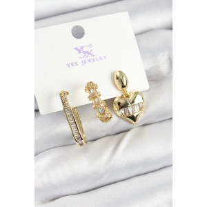 Erb Pirinç Zİrkon Taşlı Kalp Model Gold Renk 3'lü Kadın Küpe