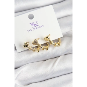 Erb Pirinç Zİrkon Taşlı Kalp Model Gold Renk 3'lü Kadın Küpe