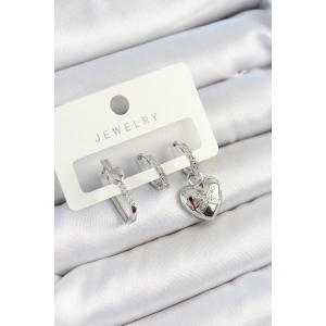 Erb Pirinç Zirkon Taşlı Kalp Model Gümüş Renk 3'lü Çift Kadın Küpe Set