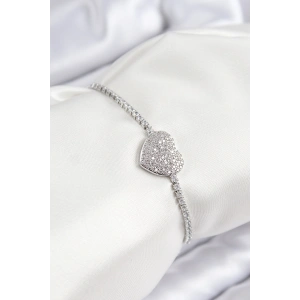 Erb Pirinç Zirkon Taşlı Kalp Model Gümüş Renk Asansörlü Kadın Bileklik