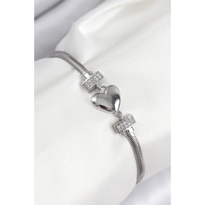 Erb Pirinç Zirkon Taşlı Kalp Model Gümüş Renk Kadın Bileklik