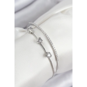 Erb Pirinç Zirkon Taşlı Kalp Model Gümüş Renk Kadın Bileklik