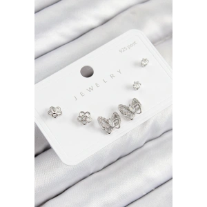 Erb Pirinç Zirkon Taşlı Kelebek Model Gümüş Renk 925 Ayar Gümüş Çivi Kadın Küpe Set