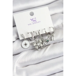 Erb Pirinç Zİrkon Taşlı Kelebek Ve Yıldız Model Gümüş Renk 3'lü Çift Kadın Küpe