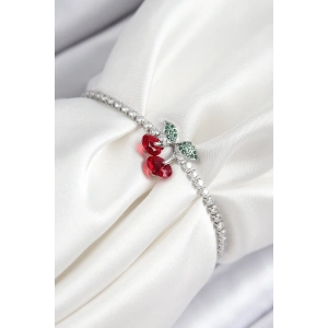 Erb Pirinç Zirkon Taşlı Kiraz Model Gümüş Renk Asansörlü Kadın Bileklik