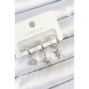 Erb Pirinç Zirkon Taşlı Kutup Yıldızı Model Gümüş Renk 3'lü Çift Kadın Küpe Set