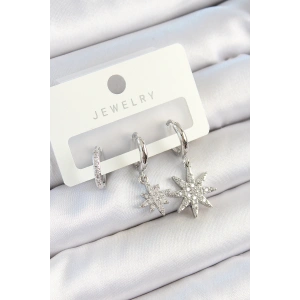 Erb Pirinç Zirkon Taşlı Kutup Yıldızı Model Gümüş Renk 3'lü Çift Kadın Küpe Set