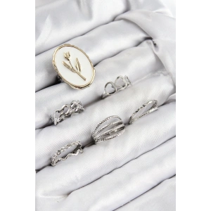 Erb Pirinç Zirkon Taşlı Lale Model Gümüş Renk Kadın Yüzük Kombin Set