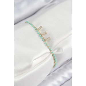 Erb Pirinç Zirkon Taşlı Mavi Boncuklu Model Gold Renk Kadın Bileklik