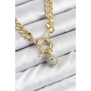 Erb Pirinç Zirkon Taşlı Nazar Boncuk Detaylı Klasik Zincir Model Gold Renk Kadın Kolye