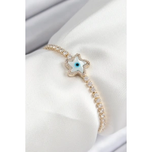 Erb Pirinç Zirkon Taşlı Nazar Yıldız Model Gold Renk Asansörlü Kadın Bileklik