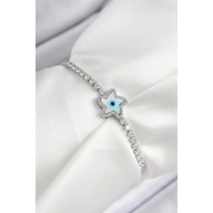 Erb Pirinç Zirkon Taşlı Nazar Yıldız Model Gümüş Renk Asansörlü Kadın Bileklik