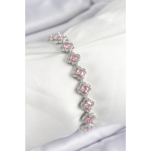 Erb Pirinç Zirkon Taşlı Pembe Yonca Baget Model Gümüş Renk VIP Seri Kadın Bileklik