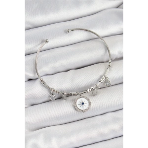 Erb Pirinç Zirkon Taşlı Pusula Model Gümüş Renk Charm Bileklik