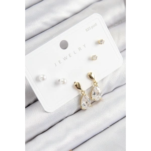 Erb Pirinç Zirkon Taşlı Sallantılı Damla Model Gold Renk 925 Ayar Gümüş Çivi Kadın Küpe Set