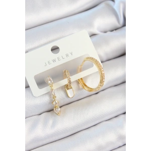 Erb Pirinç Zirkon Taşlı Sallantılı Model Gold Renk 3'lü Çift Kadın Küpe Set