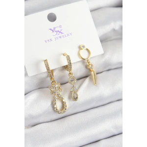 Erb Pirinç Zİrkon Taşlı Sallantılı Model Gold Renk 3'lü Kadın Küpe