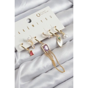 Erb Pirinç Zirkon Taşlı Sallantılı Ve İncili Gold Renk 6'lı Küpe Set