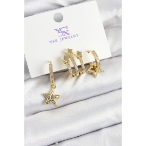 Erb Pirinç Zİrkon Taşlı Sallantılı Yıldız Model Gold Renk 3'lü Kadın Küpe