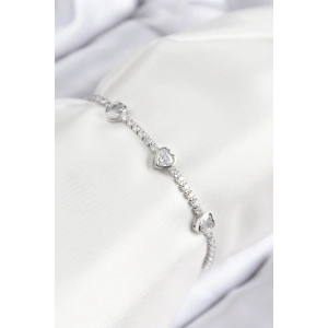 Erb Pirinç Zirkon Taşlı Sıralı Kalp Model Gümüş Renk Asansörlü Kadın Bileklik