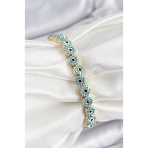 Erb Pirinç Zirkon Taşlı Turkuaz Nazar Model Gold Renk Lastikli Kadın Bileklik