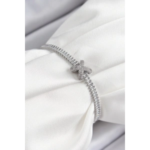 Erb Pirinç Zirkon Taşlı X Detaylı Su Yolu Model Gümüş Renk Asansörlü Kadın Bileklik