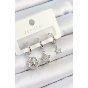 Erb Pirinç Zirkon Taşlı Yıldız Model Gümüş Renk 3'lü Çift Kadın Küpe Set