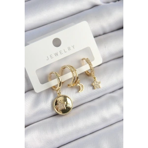 Erb Pirinç Zirkon Taşlı Yıldız Ve Ay Model Gold Renk 3'lü Çift Kadın Küpe Set