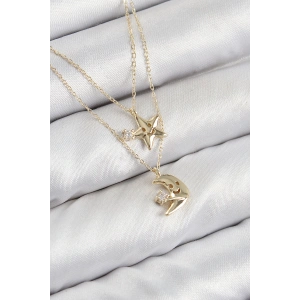 Erb Pirinç Zirkon Taşlı Yıldız Ve Ay Model Gold Renk Kadın Kolye