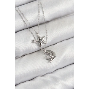 Erb Pirinç Zirkon Taşlı Yıldız Ve Ay Model Gümüş Renk Kadın Kolye