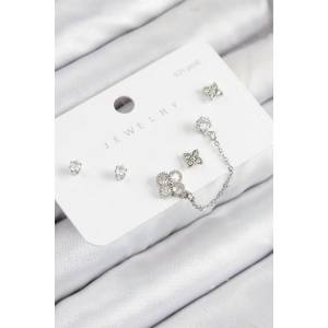 Erb Pirinç Zirkon Taşlı Yonca Model Gümüş Renk 925 Ayar Gümüş Çivi Kadın Küpe Set