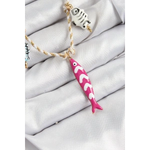 Erb Seramik Motifli Pembe Balık Figürlü Model Krem İp Kadın Kolye
