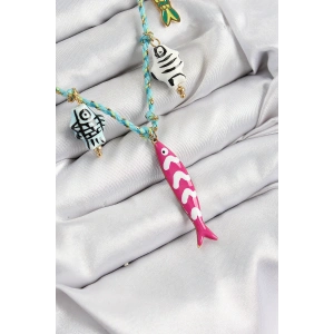 Erb Seramik Motifli Pembe Balık Figürlü Model Mavi İp Kadın Kolye