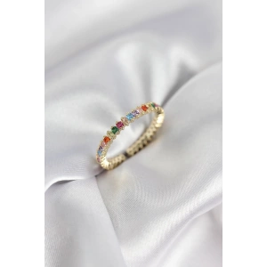 Erb Sıralı Karışık Renkli Gold Renk Zirkon Taşlı Kadın Yüzük