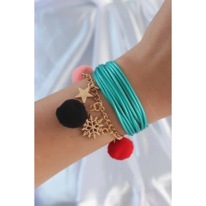 Erb Turkuaz Renk Kar Tanesi Figür Zincir Detay İpli Çoklu Bileklik