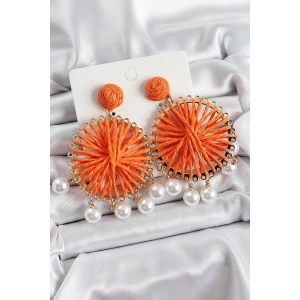 Erb Turuncu Hasır Örgü Sarmal Model Sallantılı İnci Detaylı Gold Renk Kadın Küpe