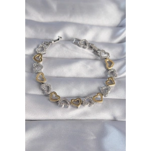 Erb Vip Seri Pirinç Çift Renkli Zirkon Taşlı İçi Boş Kalp Tasarımlı Bileklik