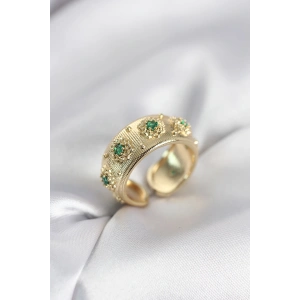 Erb Yeşil Zirkon Taşlı Gold Renk Vintage Kadın Yüzük