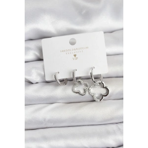 Erb Yonca Model Gümüş Renk Pirinç 3'lü Kadın Küpe Seti