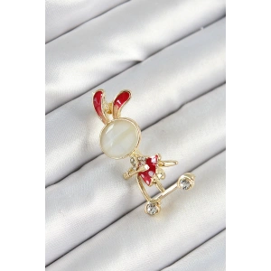 Erb Zirkon Taş Detaylı Kırmızı 3D Scooter Süren Tavşan Kız Figürlü Gold Renk Kadın Broş