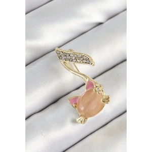 Erb Zirkon Taşlı 3D Kedi Detaylı Nota Figürlü Gold Renk Kadın Broş